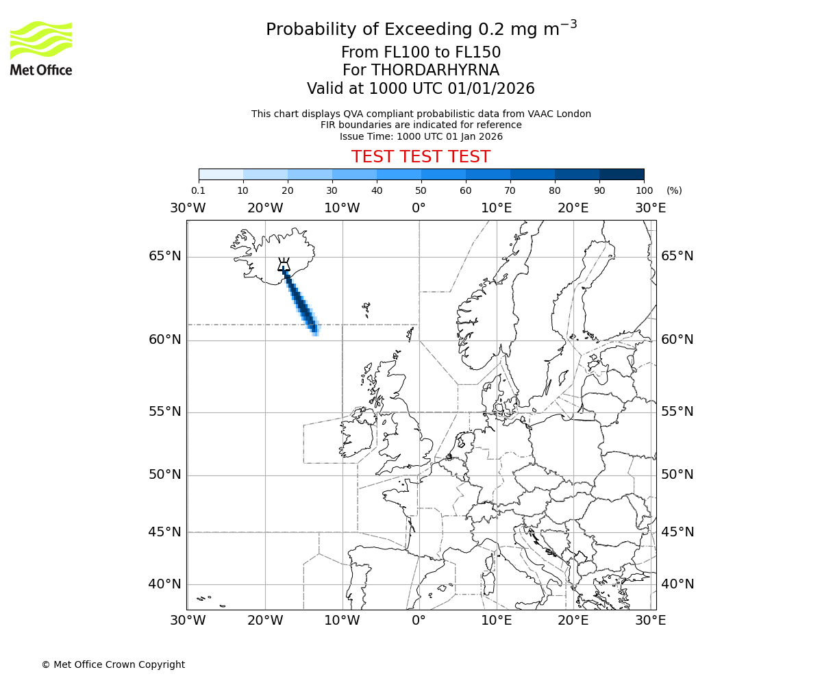 Probability of exceeding 0.2 milligrams per metre cubed. From 100 to 150 for THORDARHYRNA. Valid at 1000 UTC 01/01/2026