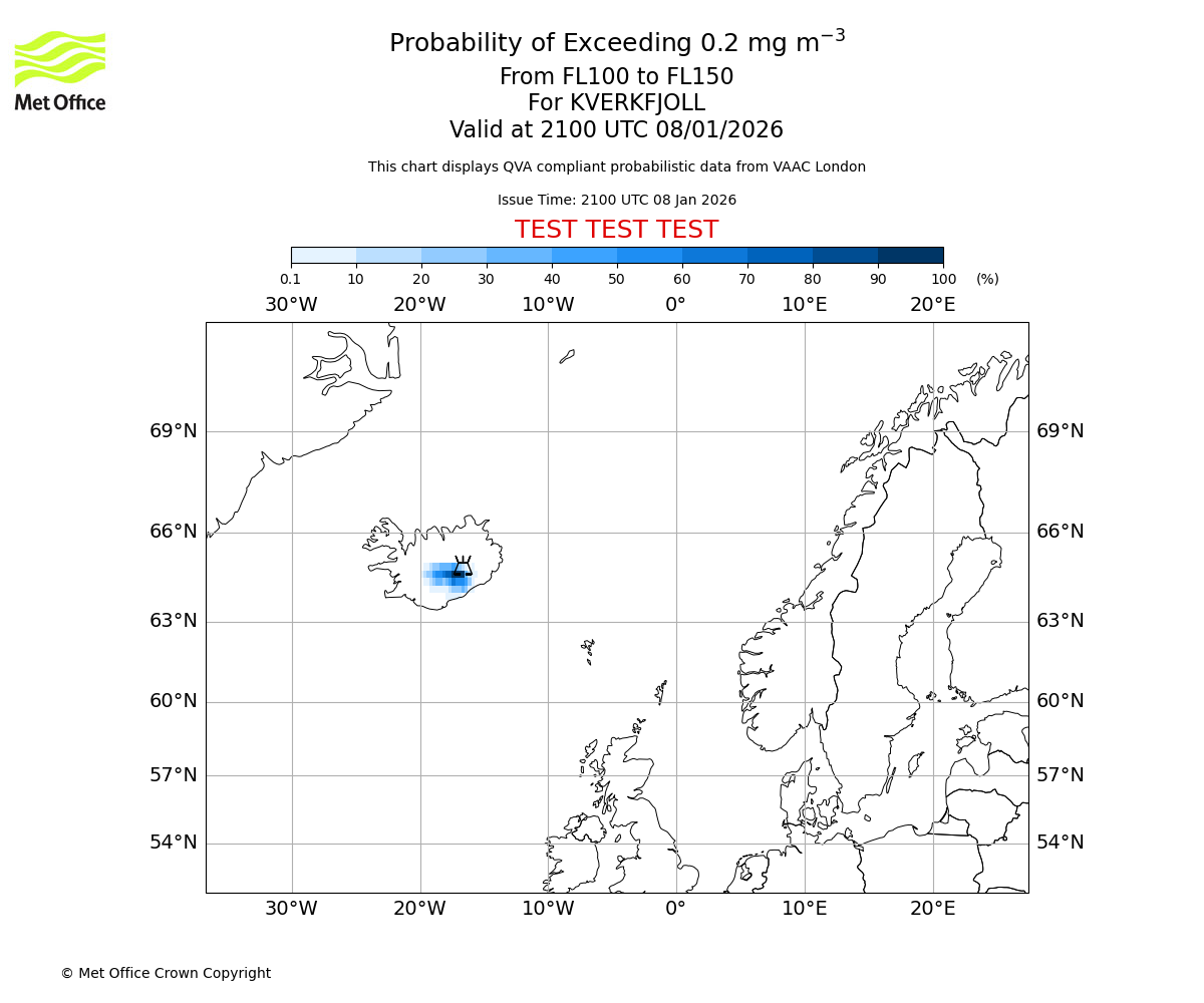 Probability of exceeding 0.2 milligrams per metre cubed. From 100 to 150 for KVERKFJOLL. Valid at 2100 UTC 08/01/2026