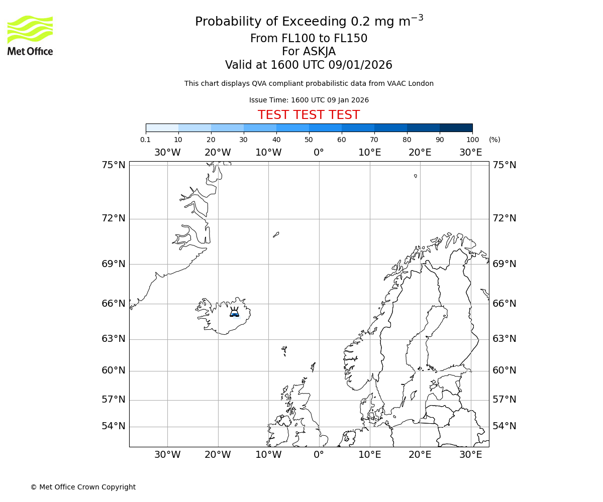 Probability of exceeding 0.2 milligrams per metre cubed. From 100 to 150 for ASKJA. Valid at 1600 UTC 09/01/2026