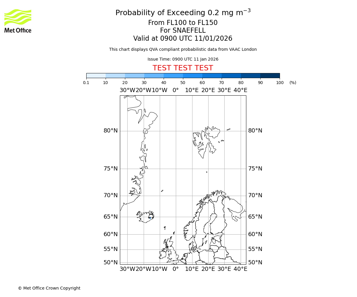 Probability of exceeding 0.2 milligrams per metre cubed. From 100 to 150 for SNAEFELL. Valid at 0900 UTC 11/01/2026
