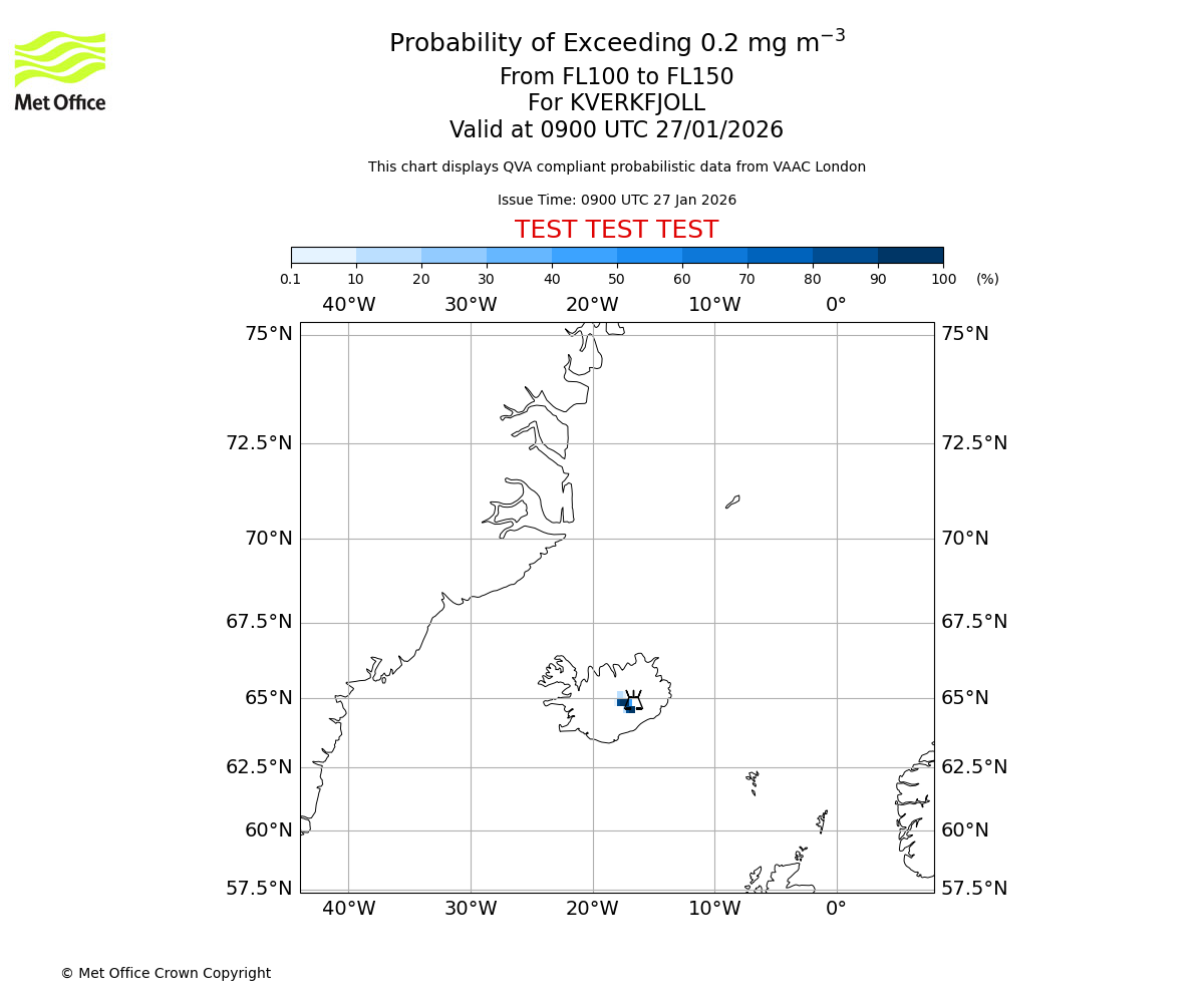 Probability of exceeding 0.2 milligrams per metre cubed. From 100 to 150 for KVERKFJOLL. Valid at 0900 UTC 27/01/2026