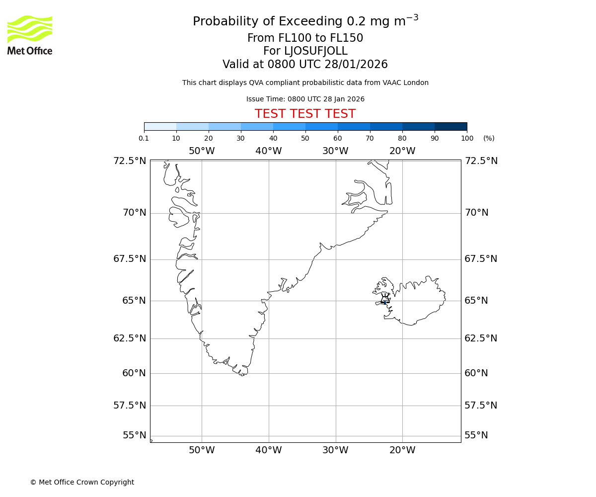 Probability of exceeding 0.2 milligrams per metre cubed. From 100 to 150 for LJOSUFJOLL. Valid at 0800 UTC 28/01/2026