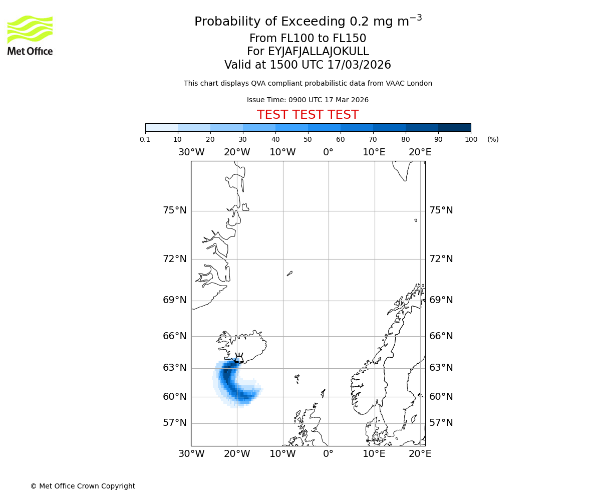 Probability of exceeding 0.2 milligrams per metre cubed. From 100 to 150 for EYJAFJALLAJOKULL. Valid at 1500 UTC 17/03/2026