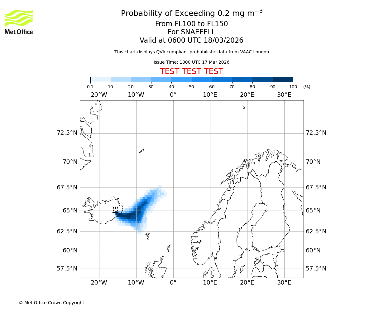 Probability of exceeding 0.2 milligrams per metre cubed. From 100 to 150 for SNAEFELL. Valid at 0600 UTC 18/03/2026
