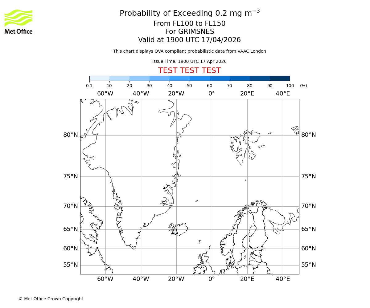 Probability of exceeding 0.2 milligrams per metre cubed. From 100 to 150 for GRIMSNES. Valid at 1900 UTC 17/04/2026