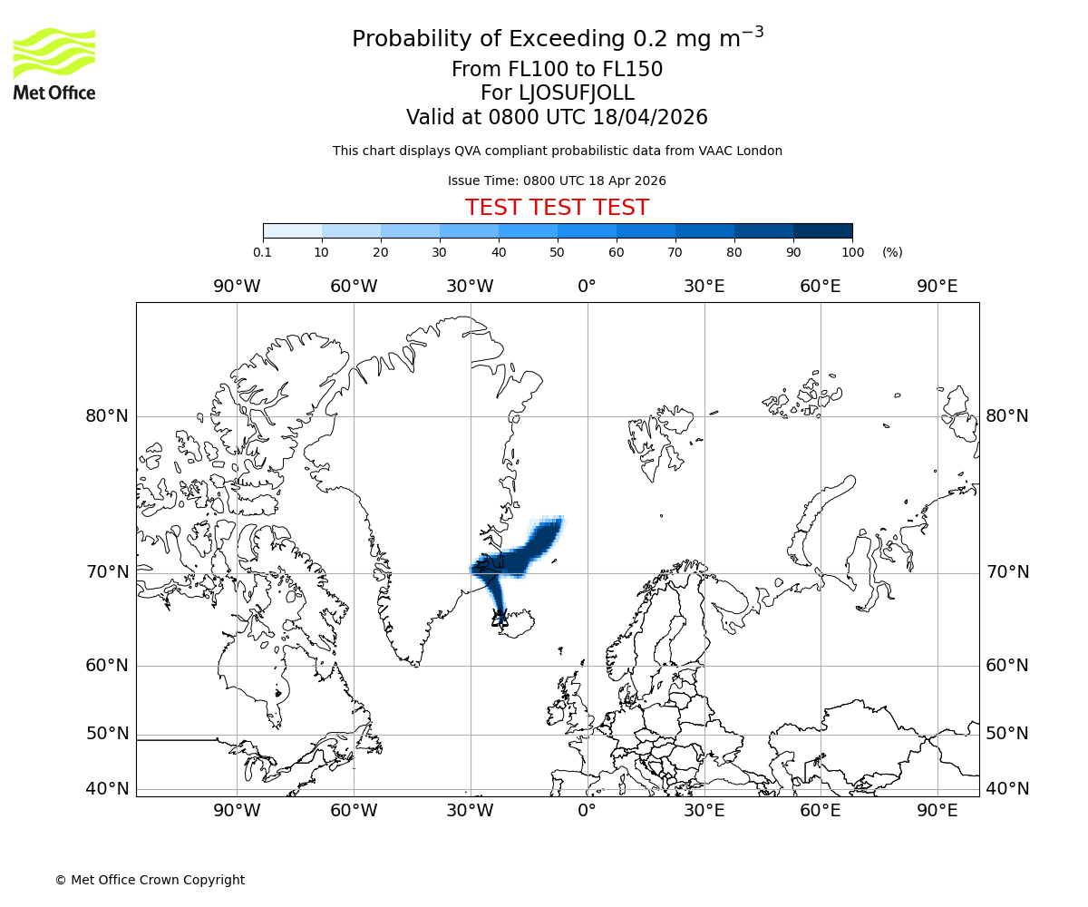 Probability of exceeding 0.2 milligrams per metre cubed. From 100 to 150 for LJOSUFJOLL. Valid at 0800 UTC 18/04/2026