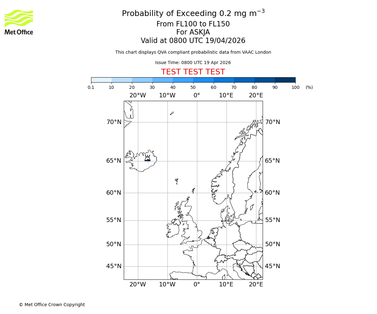 Probability of exceeding 0.2 milligrams per metre cubed. From 100 to 150 for ASKJA. Valid at 0800 UTC 19/04/2026