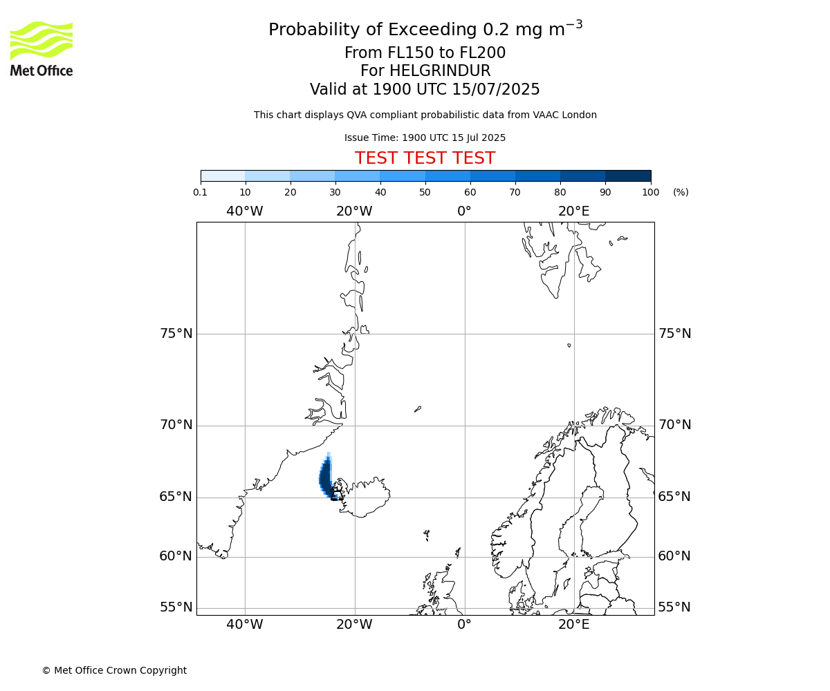 Probability of exceeding 0.2 milligrams per metre cubed. From 150 to 200 for HELGRINDUR. Valid at 1900 UTC 15/07/2025