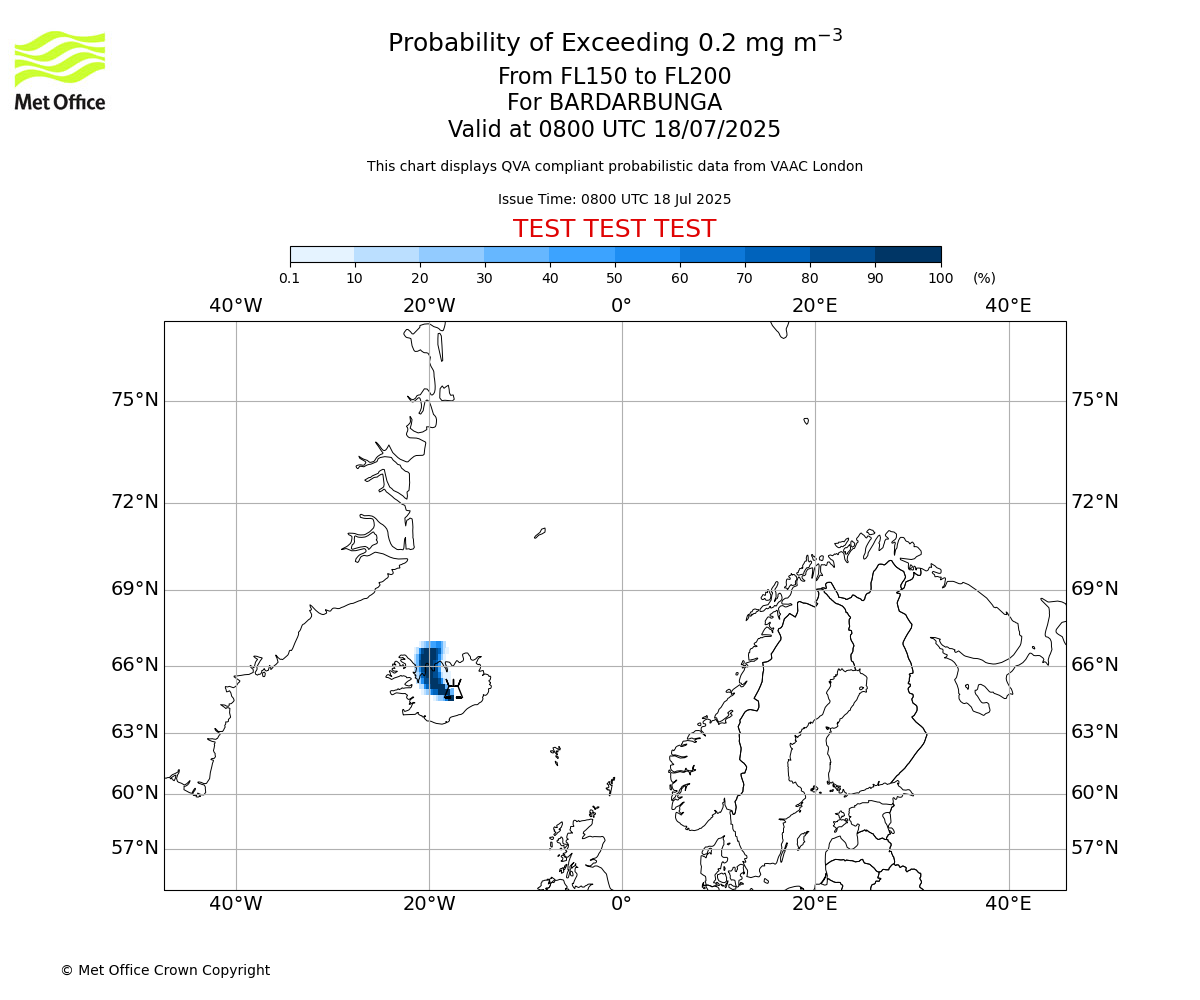 Probability of exceeding 0.2 milligrams per metre cubed. From 150 to 200 for BARDARBUNGA. Valid at 0800 UTC 18/07/2025