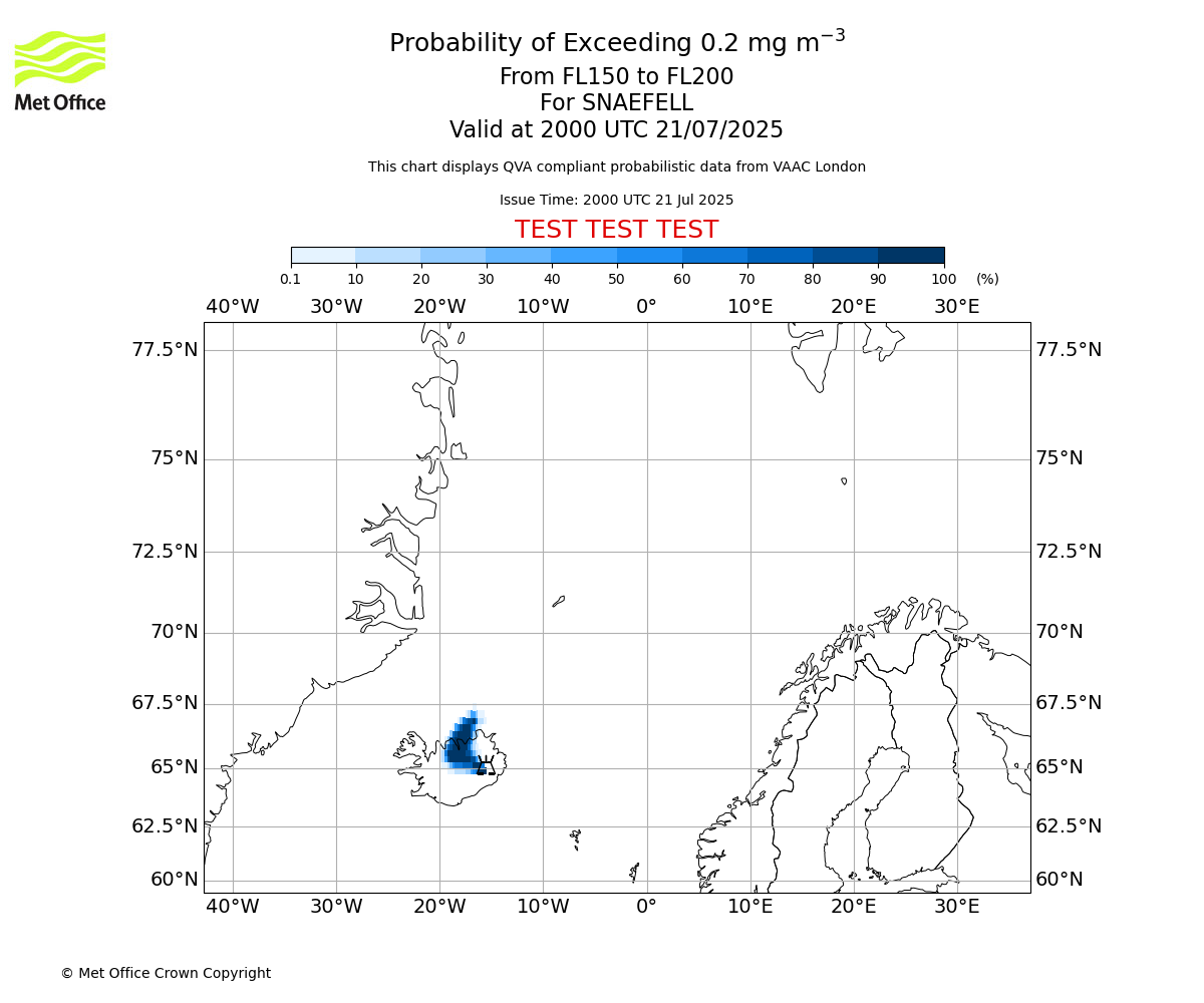 Probability of exceeding 0.2 milligrams per metre cubed. From 150 to 200 for SNAEFELL. Valid at 2000 UTC 21/07/2025