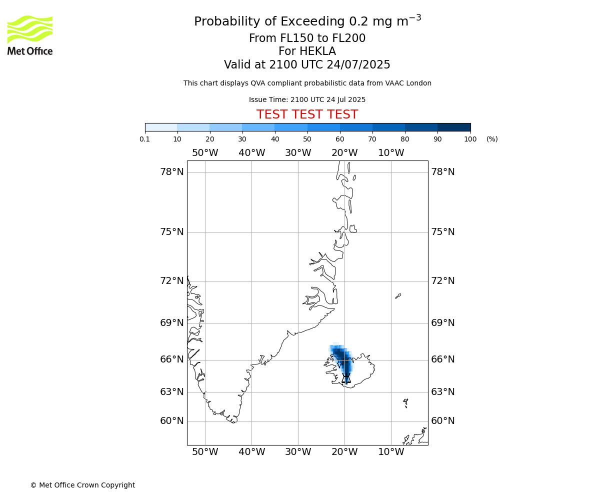 Probability of exceeding 0.2 milligrams per metre cubed. From 150 to 200 for HEKLA. Valid at 2100 UTC 24/07/2025