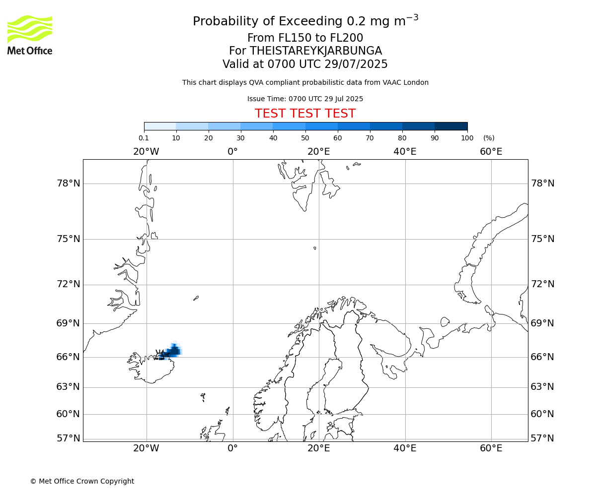 Probability of exceeding 0.2 milligrams per metre cubed. From 150 to 200 for THEISTAREYKJARBUNGA. Valid at 0700 UTC 29/07/2025