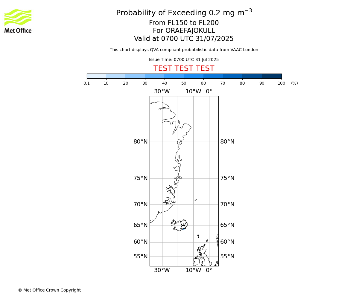 Probability of exceeding 0.2 milligrams per metre cubed. From 150 to 200 for ORAEFAJOKULL. Valid at 0700 UTC 31/07/2025