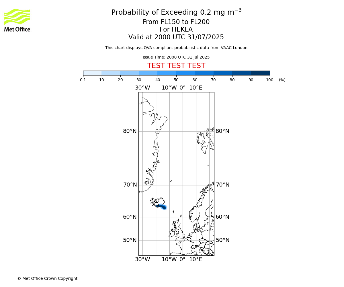 Probability of exceeding 0.2 milligrams per metre cubed. From 150 to 200 for HEKLA. Valid at 2000 UTC 31/07/2025