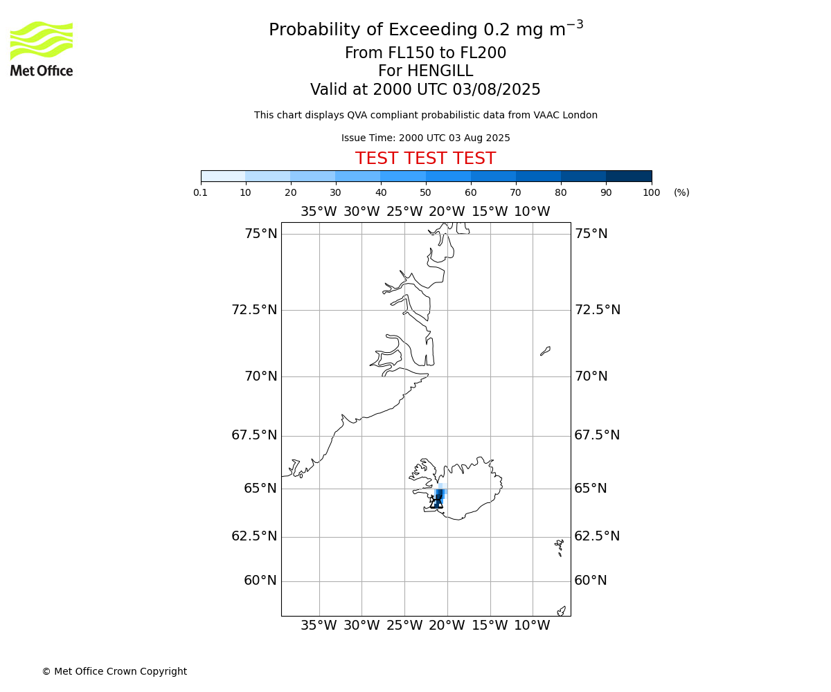 Probability of exceeding 0.2 milligrams per metre cubed. From 150 to 200 for HENGILL. Valid at 2000 UTC 03/08/2025