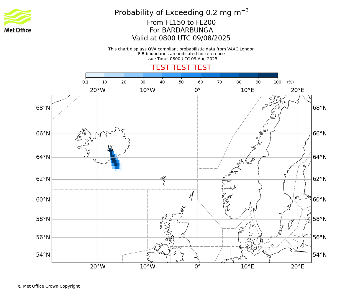 Probability of exceeding 0.2 milligrams per metre cubed. From 150 to 200 for BARDARBUNGA. Valid at 0800 UTC 09/08/2025