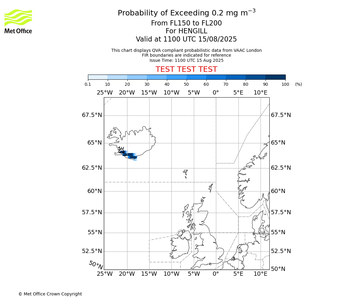 Probability of exceeding 0.2 milligrams per metre cubed. From 150 to 200 for HENGILL. Valid at 1100 UTC 15/08/2025
