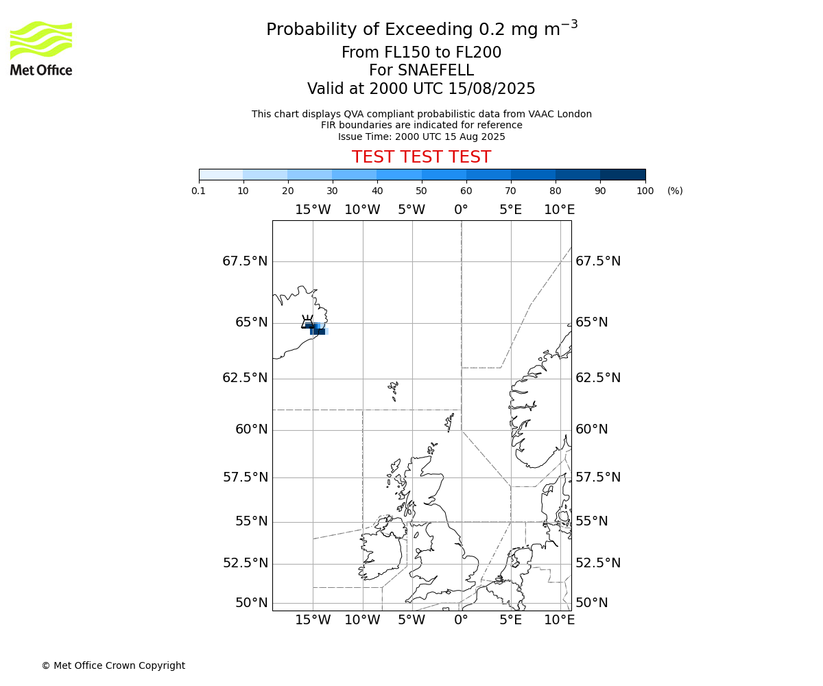 Probability of exceeding 0.2 milligrams per metre cubed. From 150 to 200 for SNAEFELL. Valid at 2000 UTC 15/08/2025