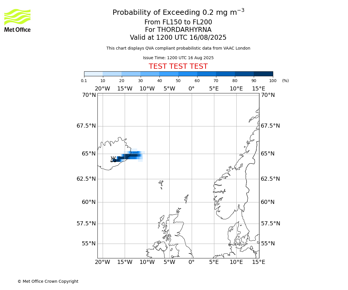 Probability of exceeding 0.2 milligrams per metre cubed. From 150 to 200 for THORDARHYRNA. Valid at 1200 UTC 16/08/2025