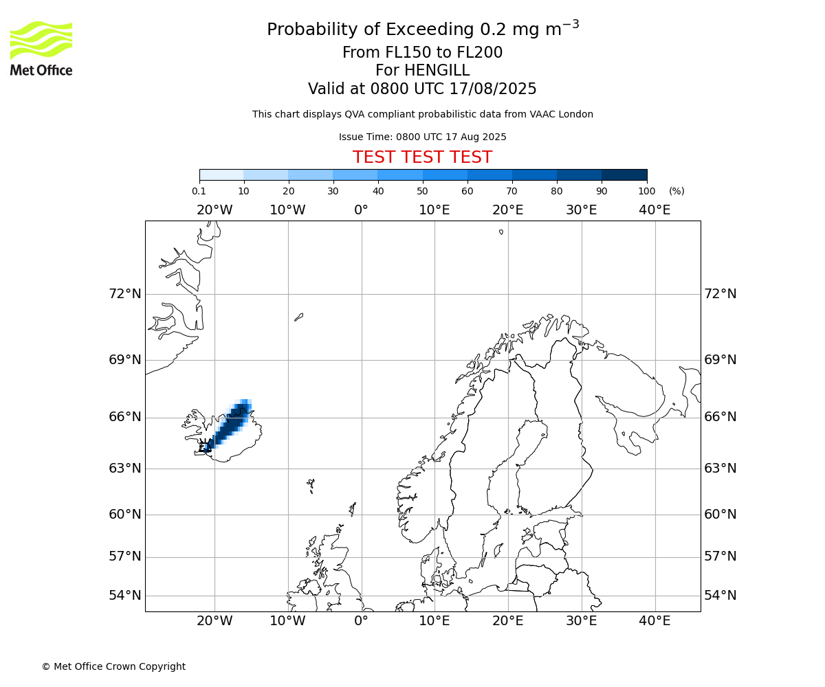 Probability of exceeding 0.2 milligrams per metre cubed. From 150 to 200 for HENGILL. Valid at 0800 UTC 17/08/2025