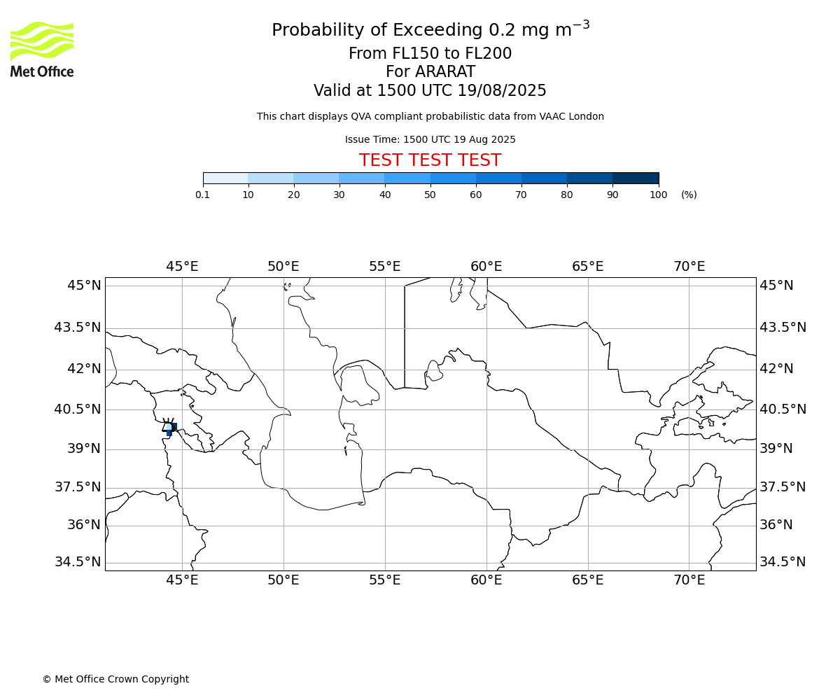 Probability of exceeding 0.2 milligrams per metre cubed. From 150 to 200 for ARARAT. Valid at 1500 UTC 19/08/2025
