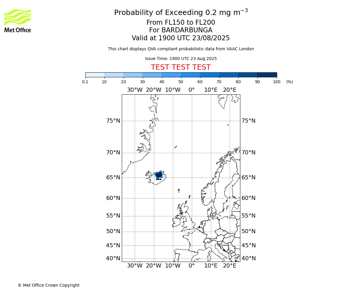 Probability of exceeding 0.2 milligrams per metre cubed. From 150 to 200 for BARDARBUNGA. Valid at 1900 UTC 23/08/2025