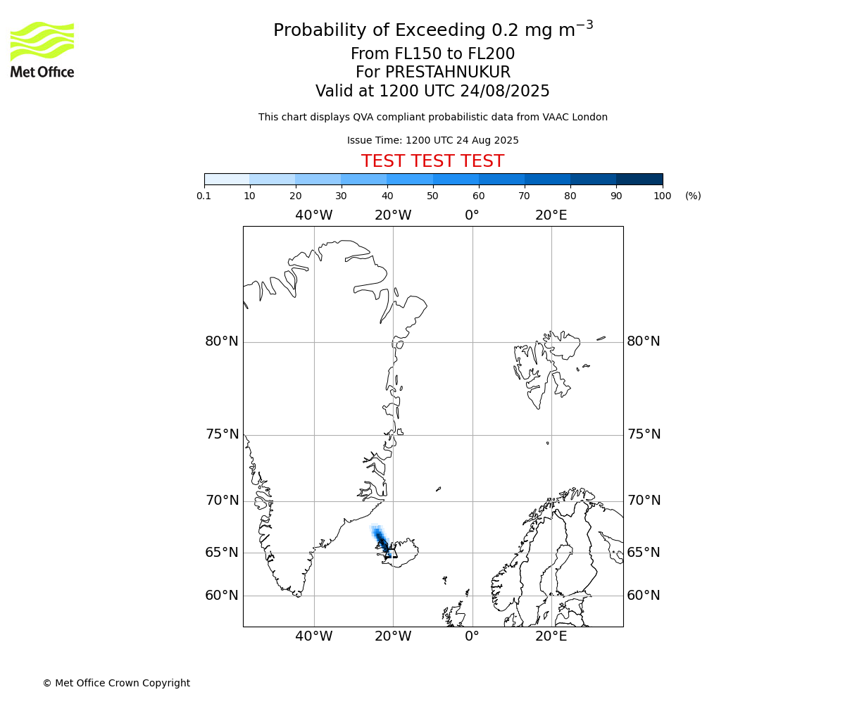 Probability of exceeding 0.2 milligrams per metre cubed. From 150 to 200 for PRESTAHNUKUR. Valid at 1200 UTC 24/08/2025