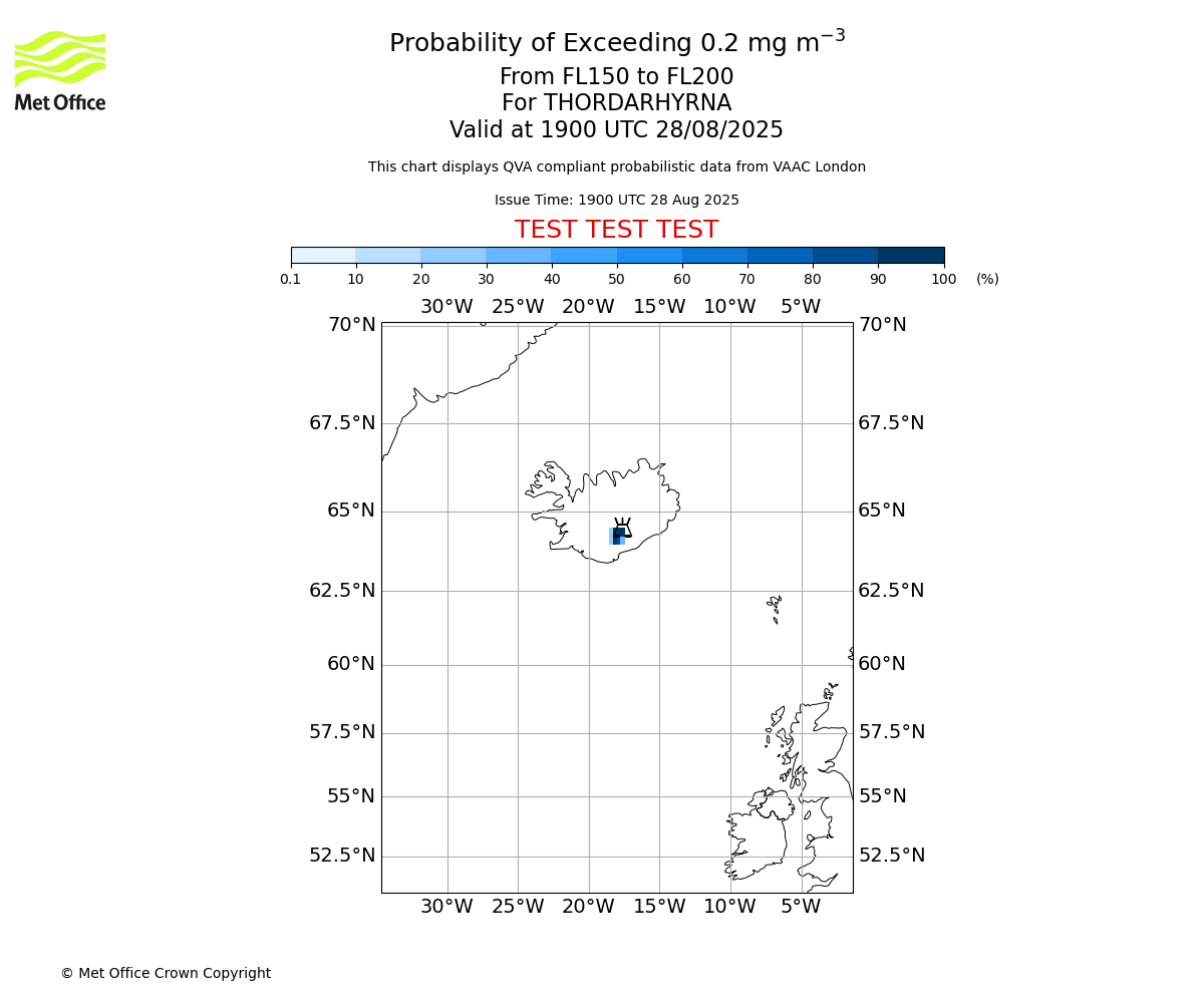 Probability of exceeding 0.2 milligrams per metre cubed. From 150 to 200 for THORDARHYRNA. Valid at 1900 UTC 28/08/2025