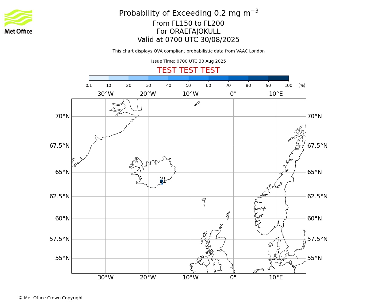 Probability of exceeding 0.2 milligrams per metre cubed. From 150 to 200 for ORAEFAJOKULL. Valid at 0700 UTC 30/08/2025