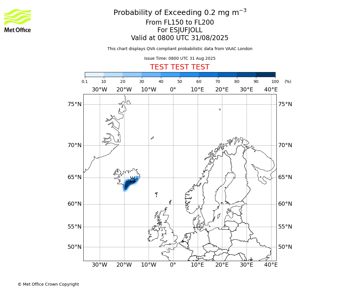 Probability of exceeding 0.2 milligrams per metre cubed. From 150 to 200 for ESJUFJOLL. Valid at 0800 UTC 31/08/2025