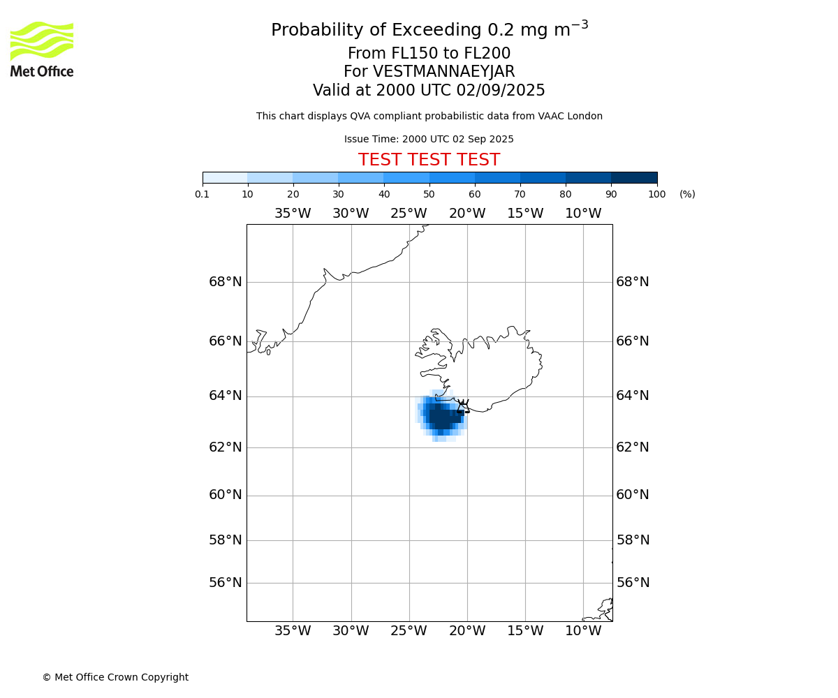 Probability of exceeding 0.2 milligrams per metre cubed. From 150 to 200 for VESTMANNAEYJAR. Valid at 2000 UTC 02/09/2025
