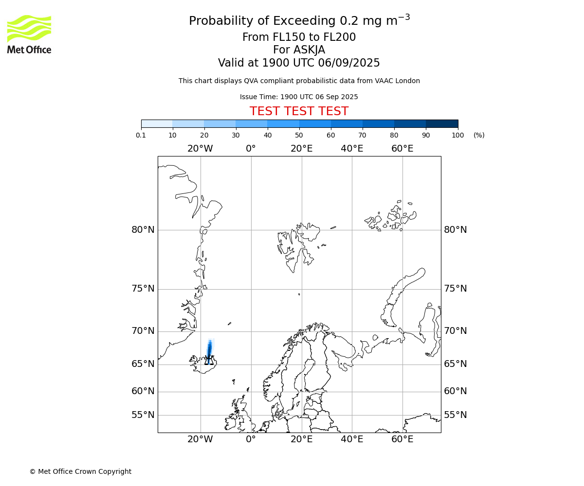 Probability of exceeding 0.2 milligrams per metre cubed. From 150 to 200 for ASKJA. Valid at 1900 UTC 06/09/2025