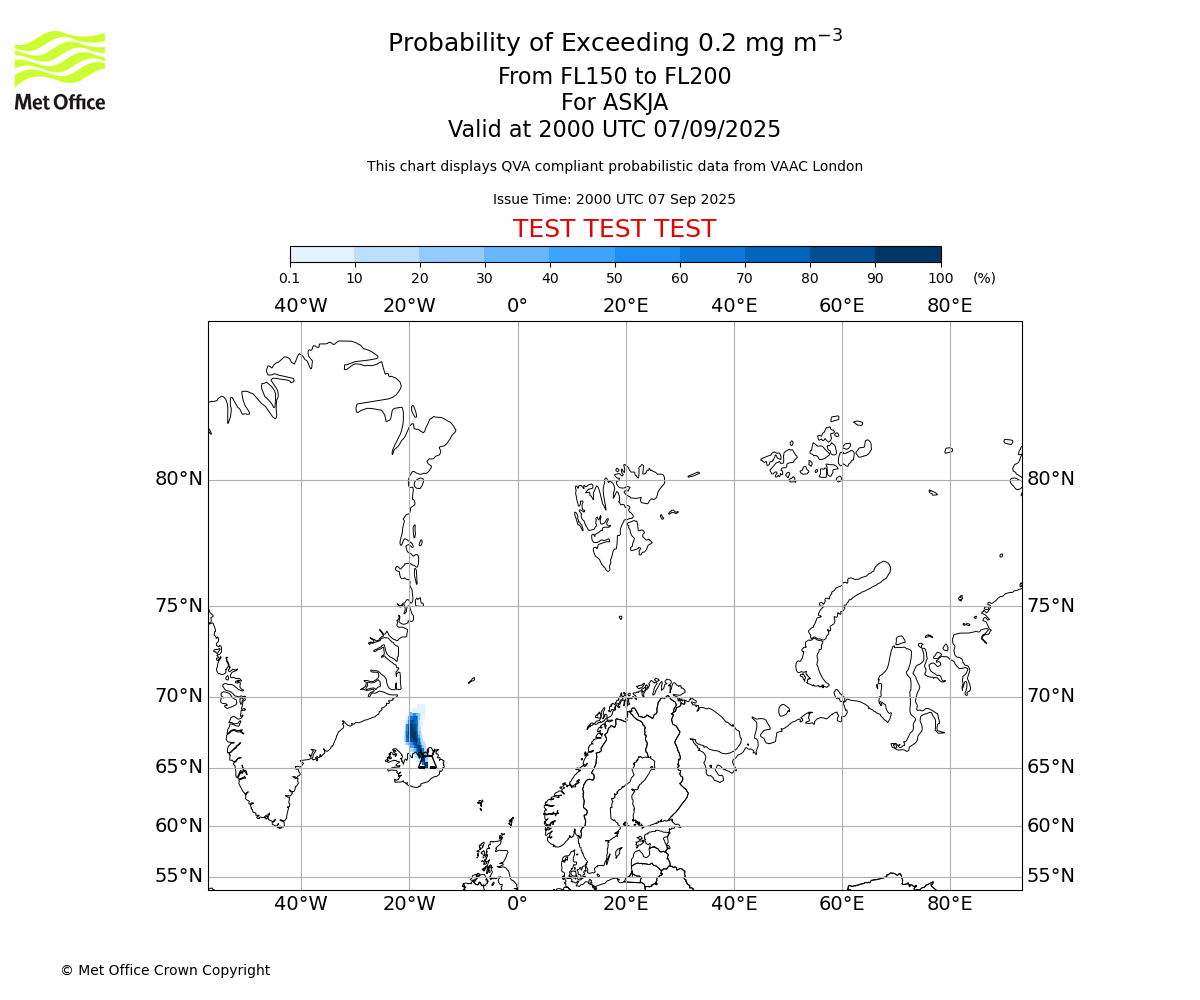 Probability of exceeding 0.2 milligrams per metre cubed. From 150 to 200 for ASKJA. Valid at 2000 UTC 07/09/2025