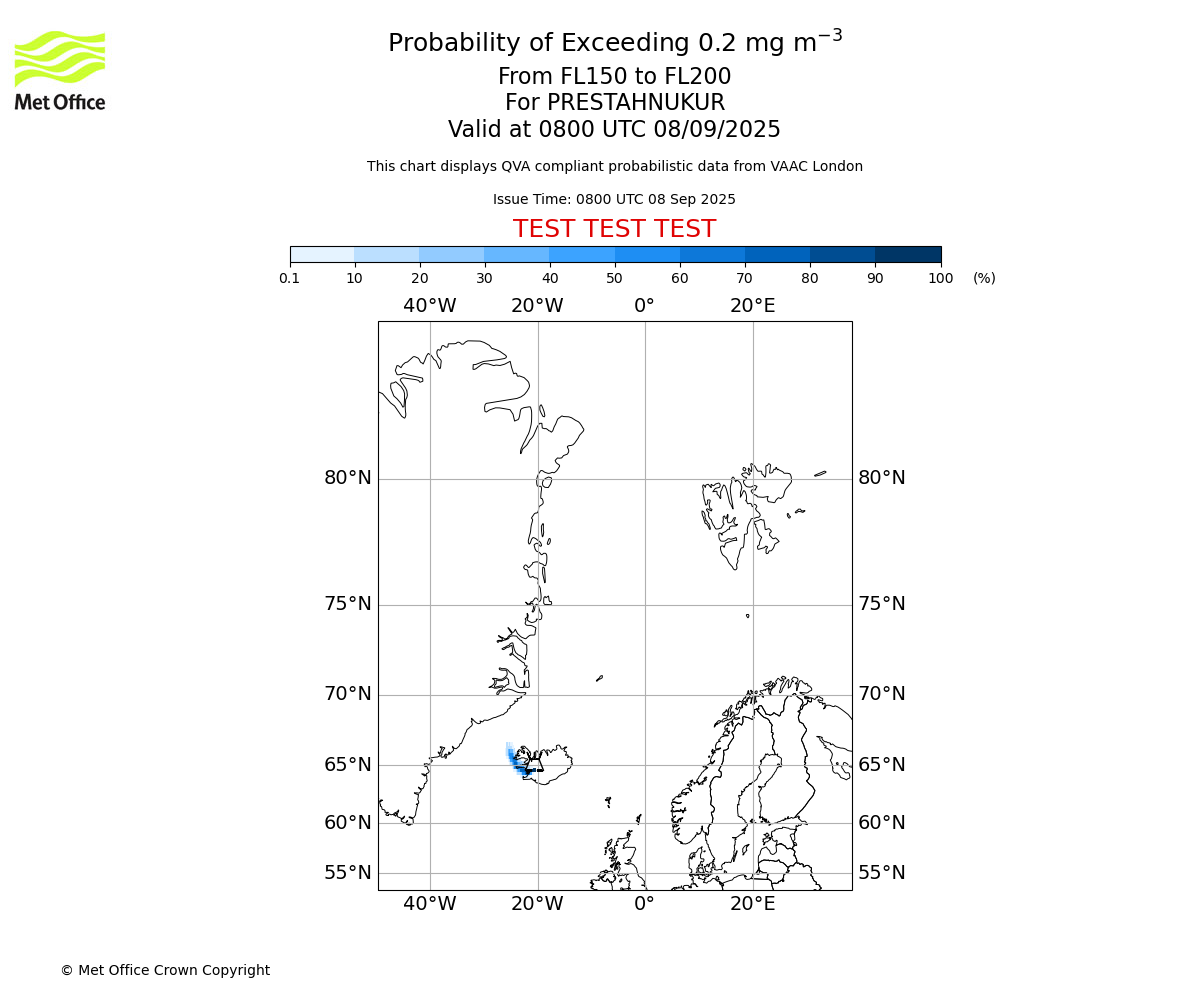 Probability of exceeding 0.2 milligrams per metre cubed. From 150 to 200 for PRESTAHNUKUR. Valid at 0800 UTC 08/09/2025