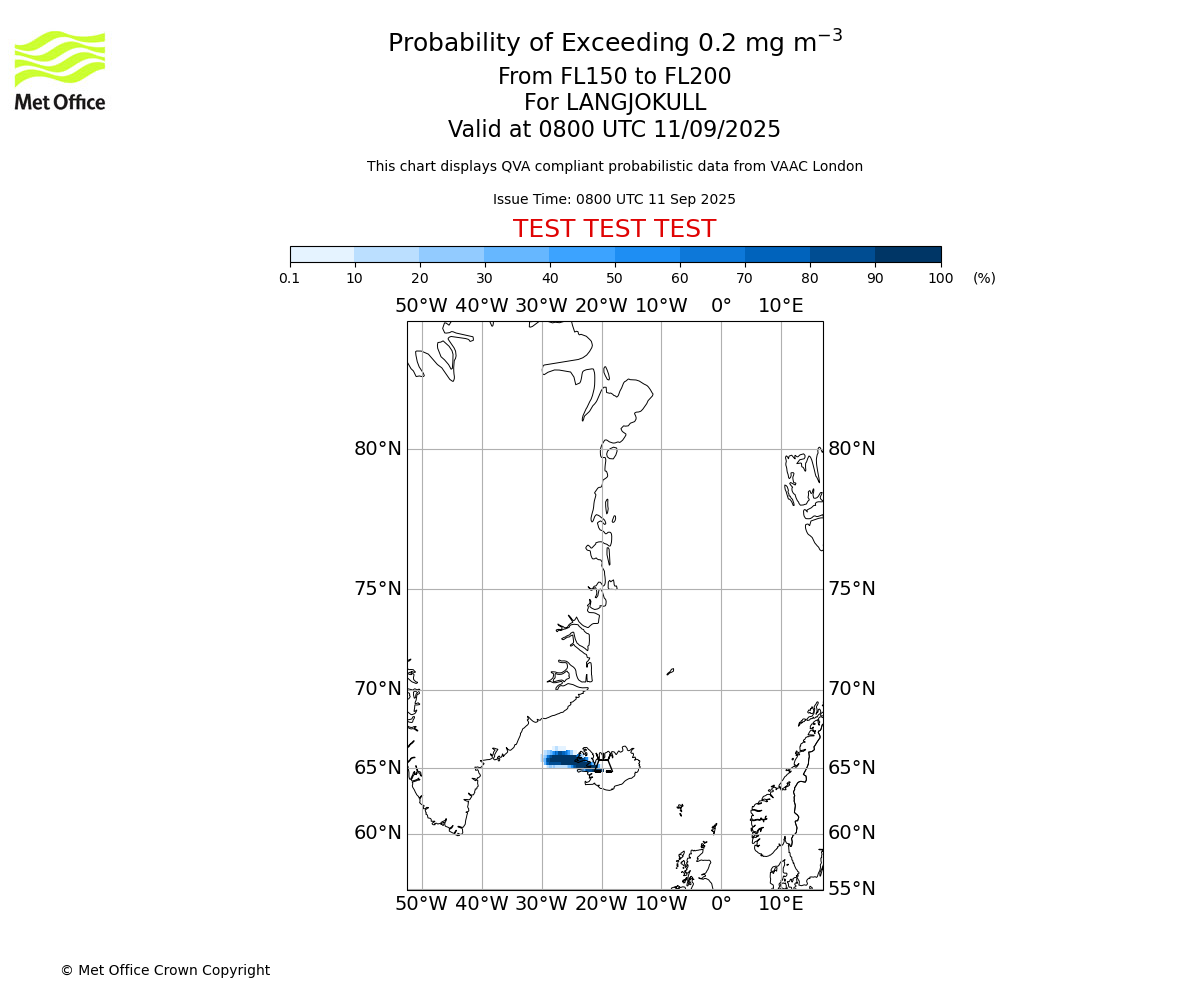 Probability of exceeding 0.2 milligrams per metre cubed. From 150 to 200 for LANGJOKULL. Valid at 0800 UTC 11/09/2025
