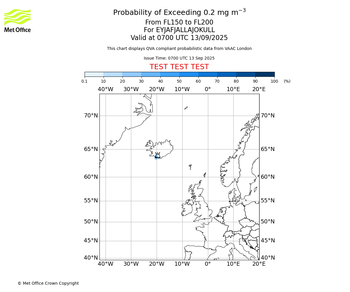Probability of exceeding 0.2 milligrams per metre cubed. From 150 to 200 for EYJAFJALLAJOKULL. Valid at 0700 UTC 13/09/2025