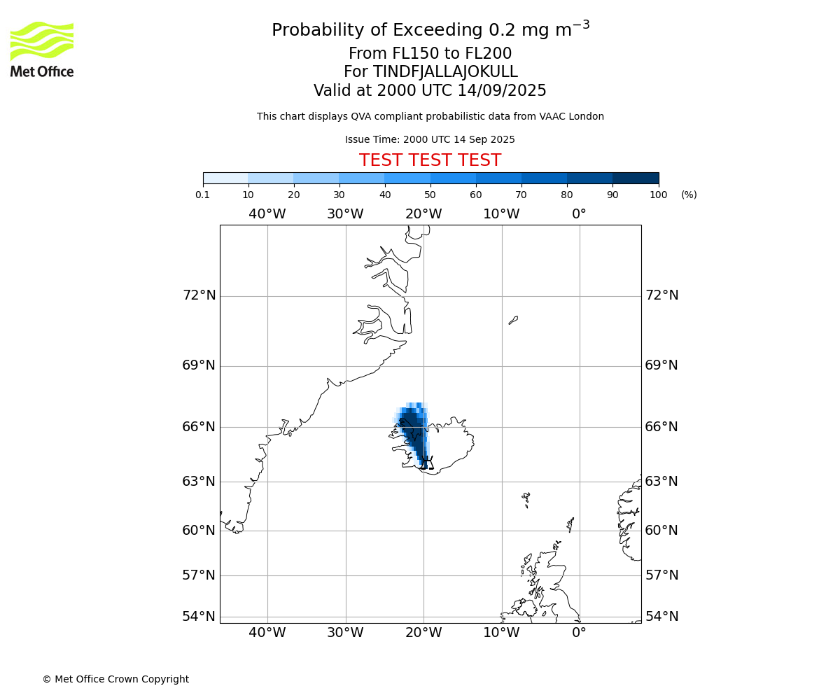 Probability of exceeding 0.2 milligrams per metre cubed. From 150 to 200 for TINDFJALLAJOKULL. Valid at 2000 UTC 14/09/2025