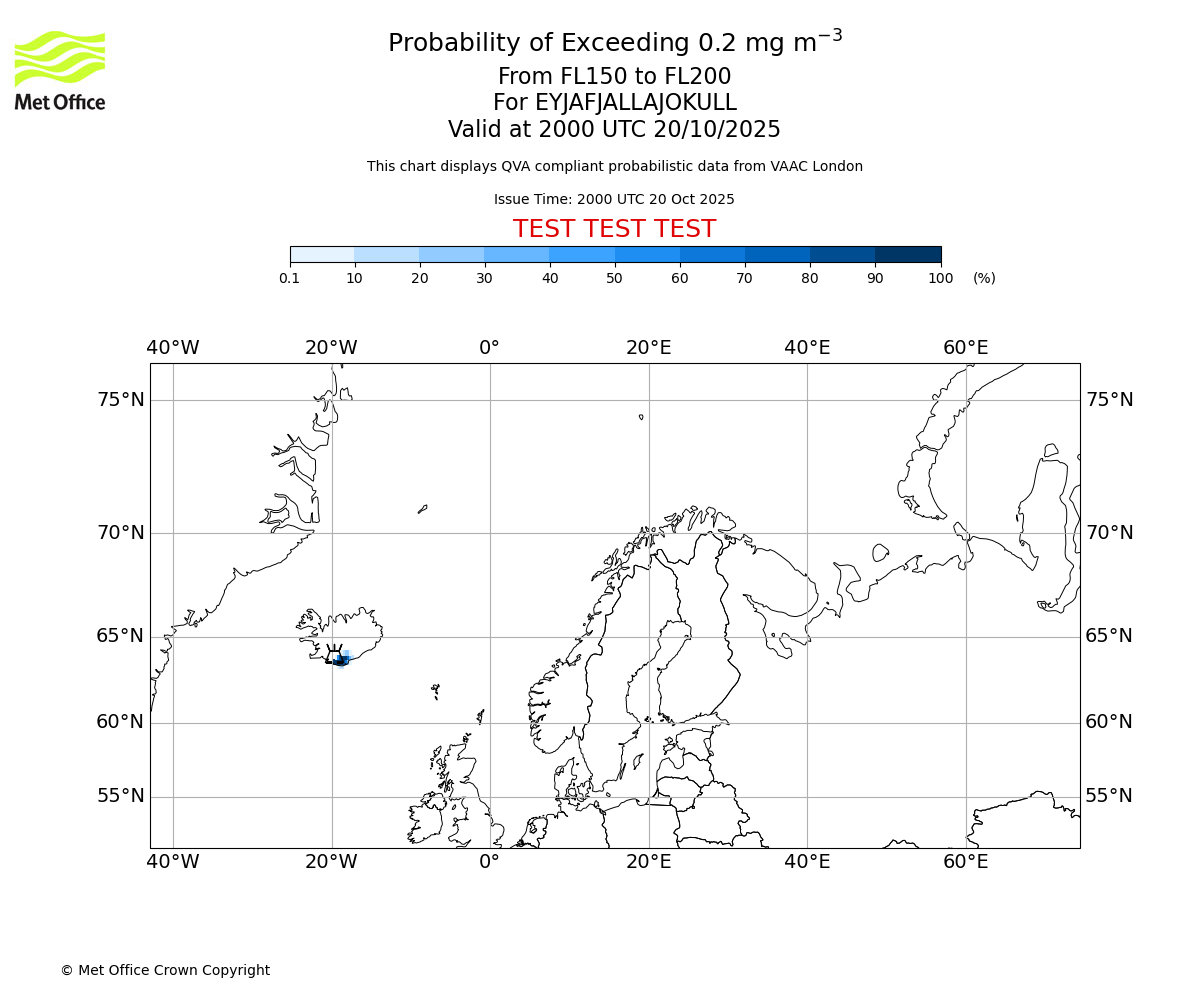 Probability of exceeding 0.2 milligrams per metre cubed. From 150 to 200 for EYJAFJALLAJOKULL. Valid at 2000 UTC 20/10/2025