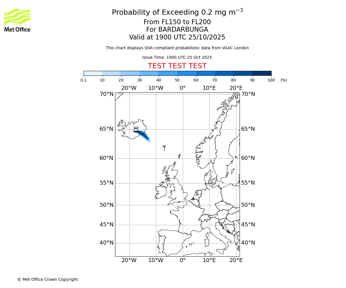 Probability of exceeding 0.2 milligrams per metre cubed. From 150 to 200 for BARDARBUNGA. Valid at 1900 UTC 25/10/2025
