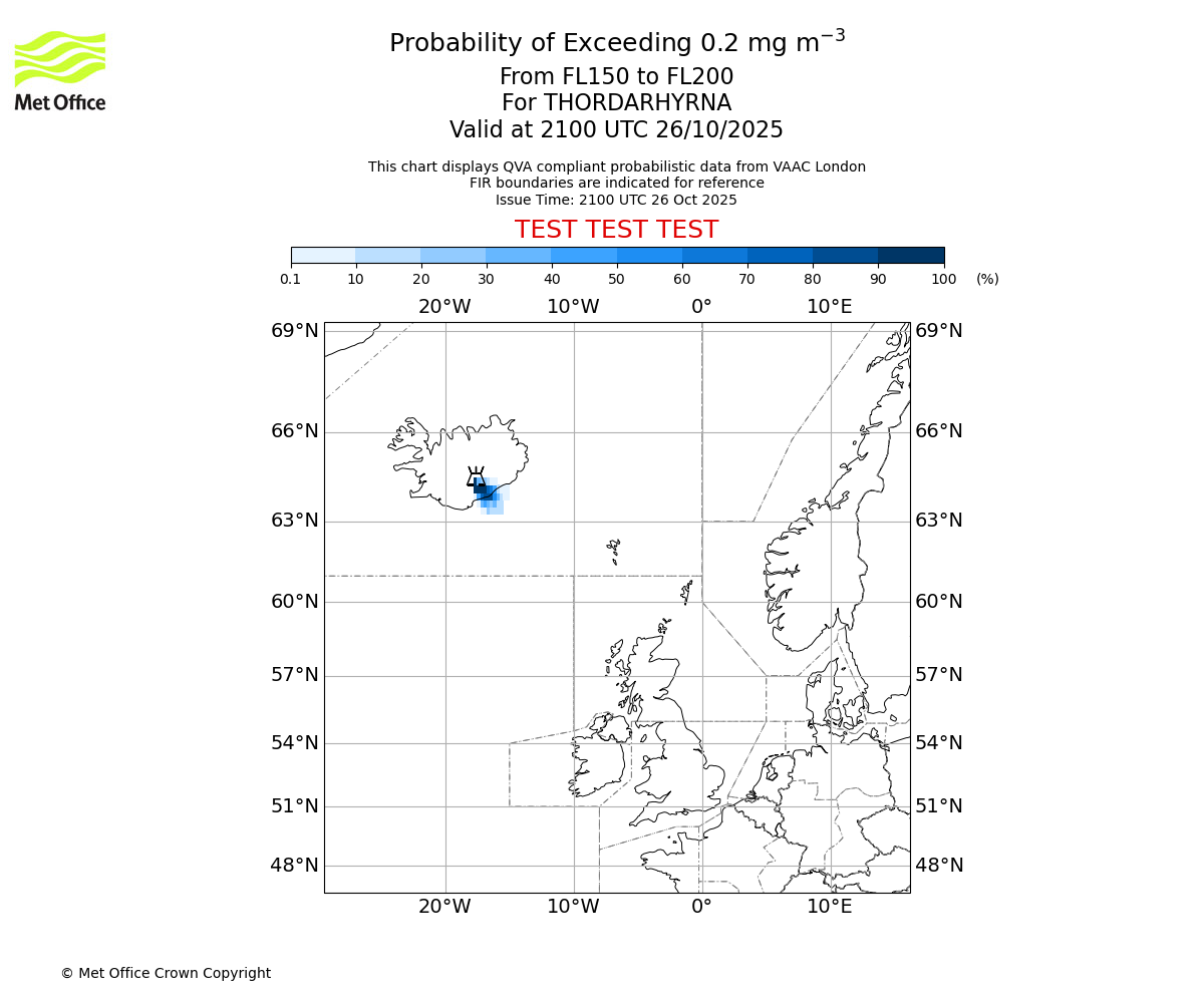Probability of exceeding 0.2 milligrams per metre cubed. From 150 to 200 for THORDARHYRNA. Valid at 2100 UTC 26/10/2025