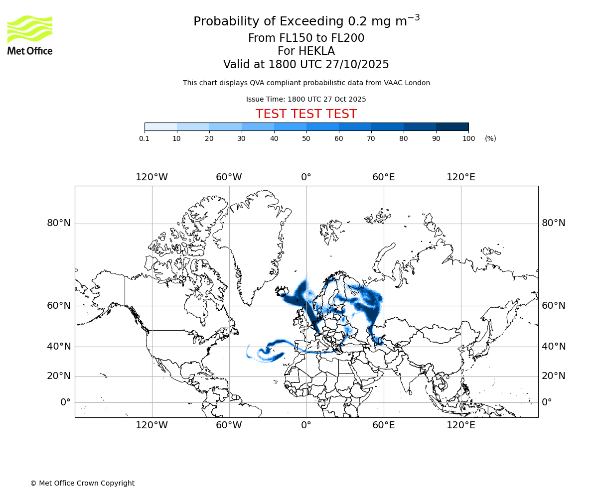 Probability of exceeding 0.2 milligrams per metre cubed. From 150 to 200 for HEKLA. Valid at 1800 UTC 27/10/2025