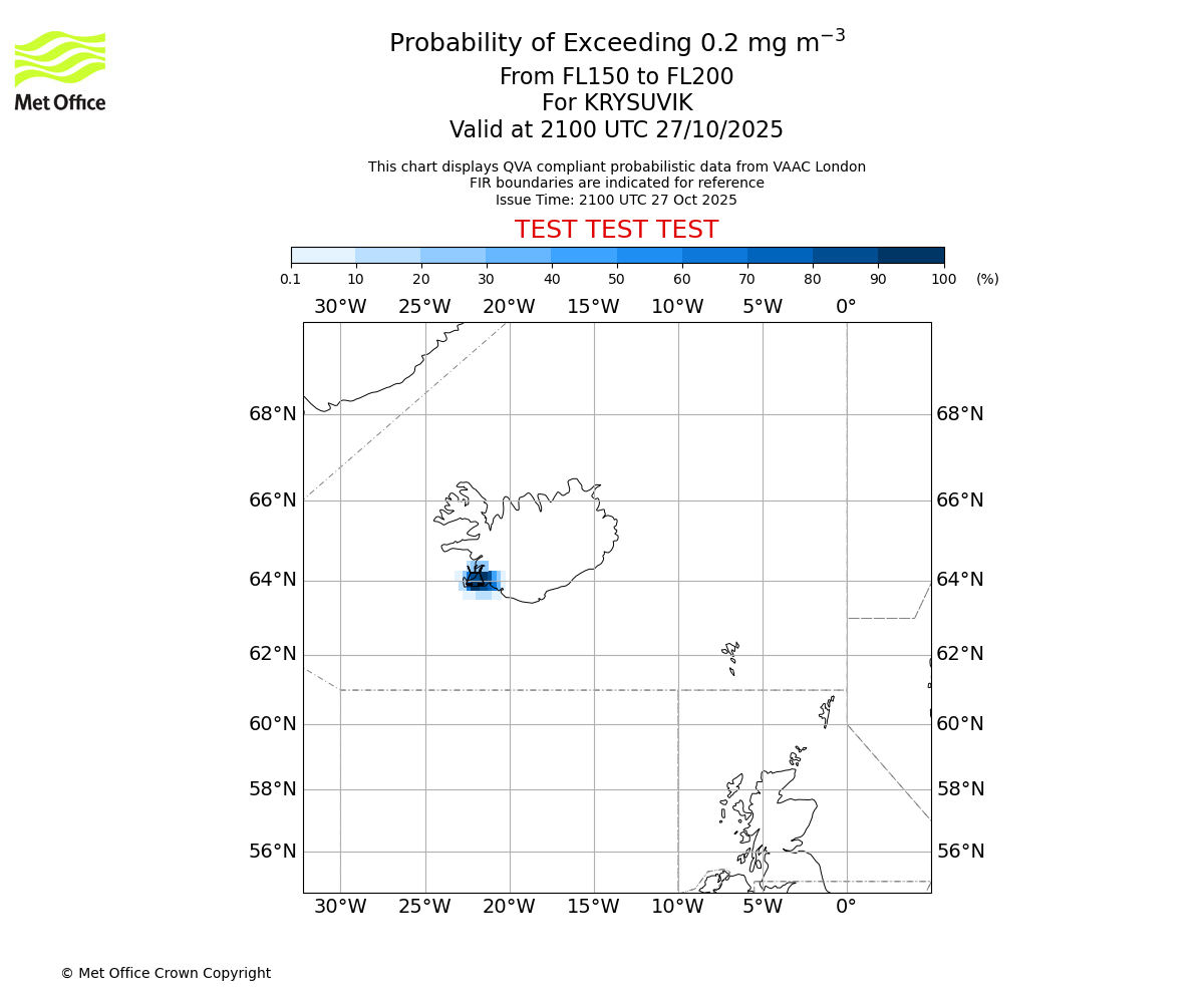 Probability of exceeding 0.2 milligrams per metre cubed. From 150 to 200 for KRYSUVIK. Valid at 2100 UTC 27/10/2025