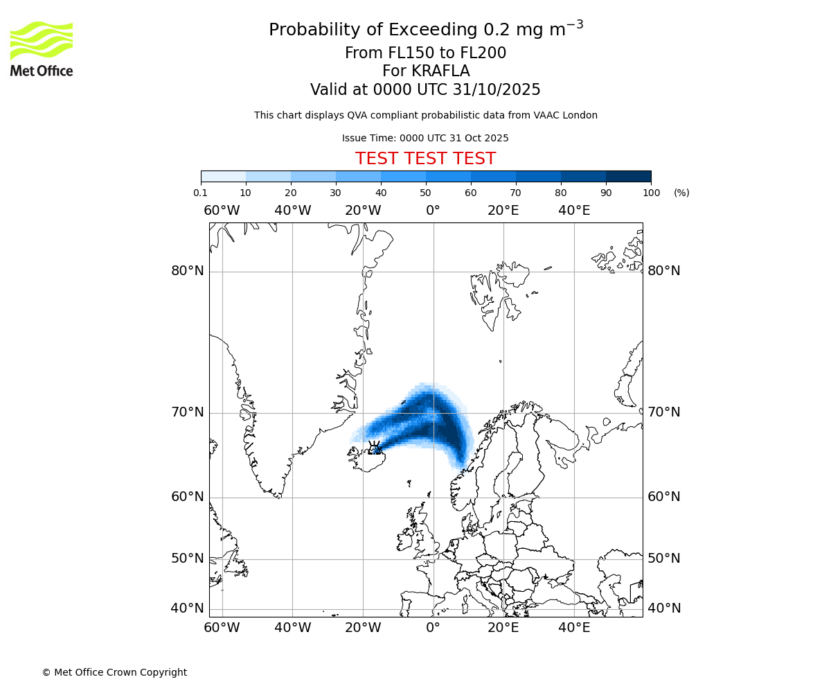 Probability of exceeding 0.2 milligrams per metre cubed. From 150 to 200 for KRAFLA. Valid at 0000 UTC 31/10/2025