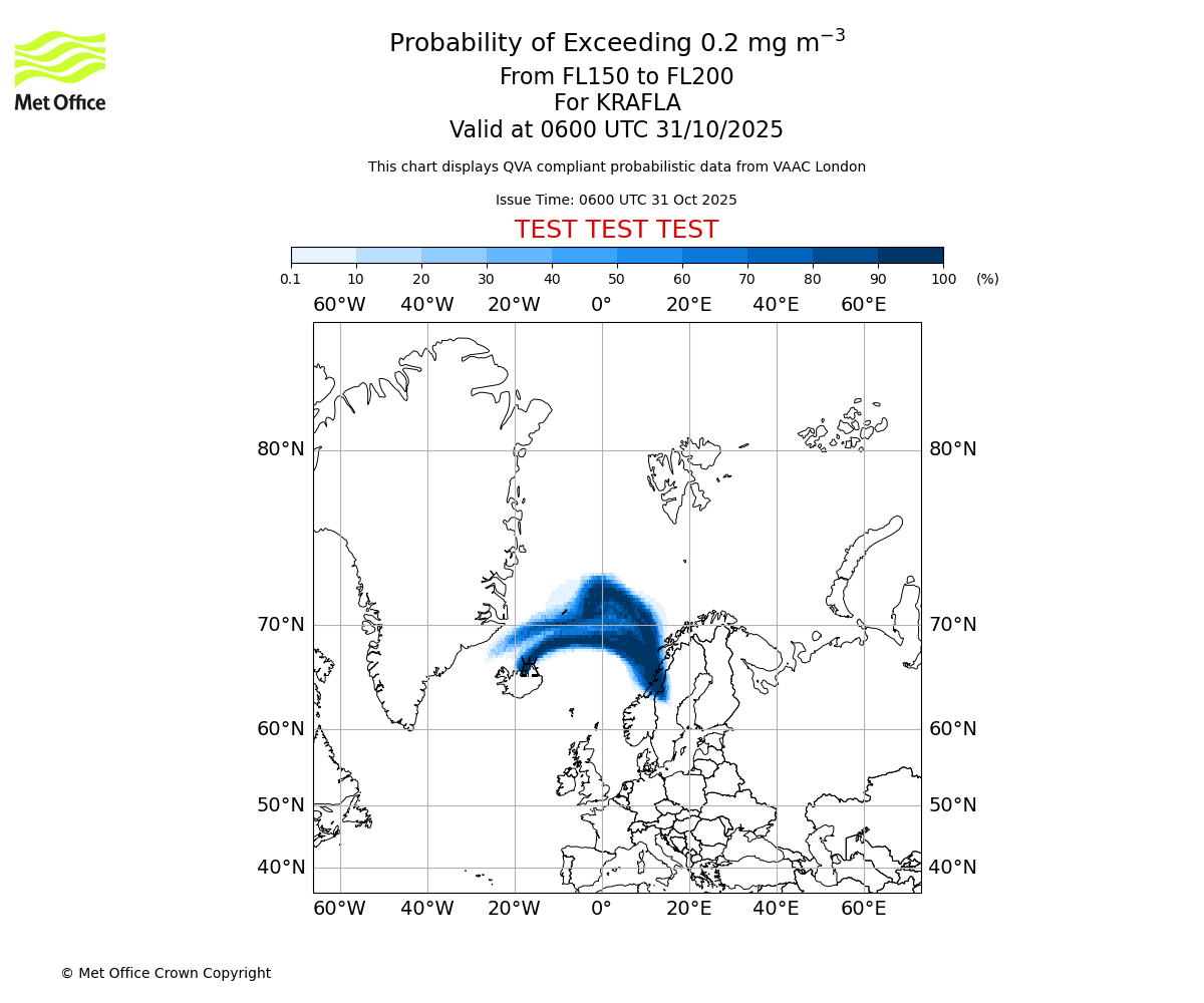 Probability of exceeding 0.2 milligrams per metre cubed. From 150 to 200 for KRAFLA. Valid at 0600 UTC 31/10/2025