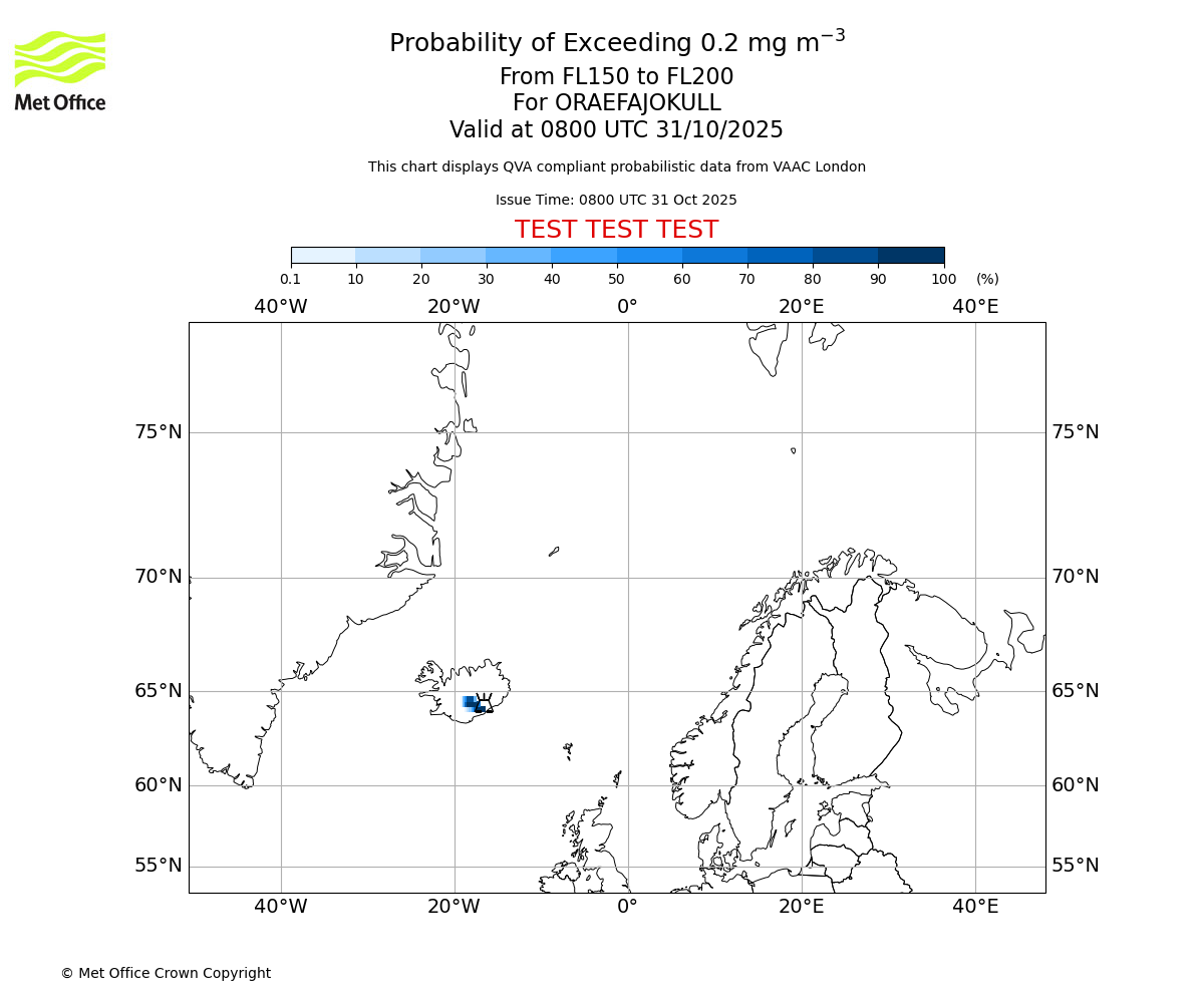 Probability of exceeding 0.2 milligrams per metre cubed. From 150 to 200 for ORAEFAJOKULL. Valid at 0800 UTC 31/10/2025