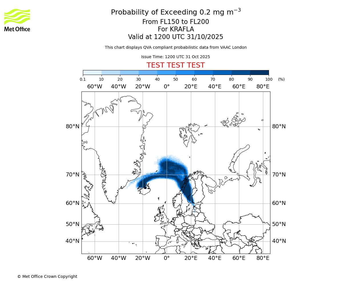 Probability of exceeding 0.2 milligrams per metre cubed. From 150 to 200 for KRAFLA. Valid at 1200 UTC 31/10/2025