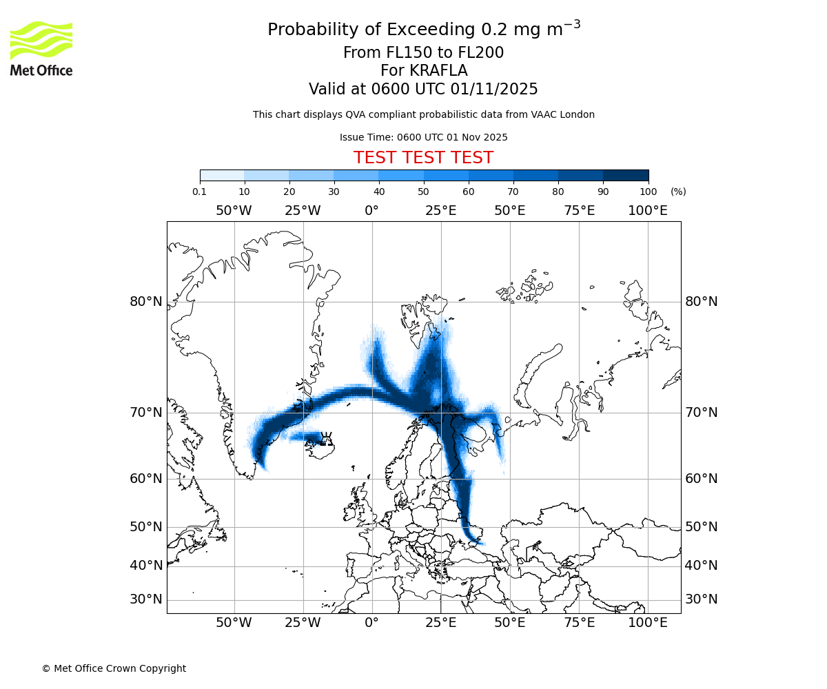 Probability of exceeding 0.2 milligrams per metre cubed. From 150 to 200 for KRAFLA. Valid at 0600 UTC 01/11/2025