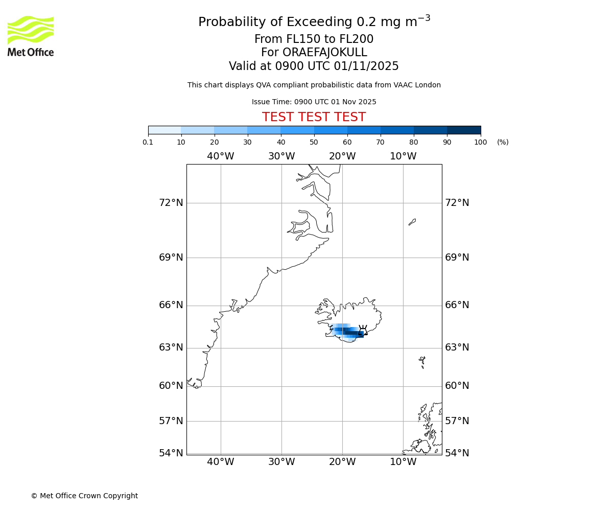 Probability of exceeding 0.2 milligrams per metre cubed. From 150 to 200 for ORAEFAJOKULL. Valid at 0900 UTC 01/11/2025