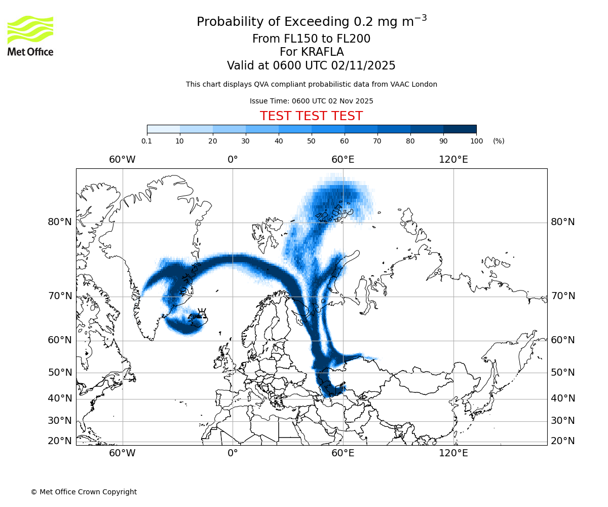 Probability of exceeding 0.2 milligrams per metre cubed. From 150 to 200 for KRAFLA. Valid at 0600 UTC 02/11/2025