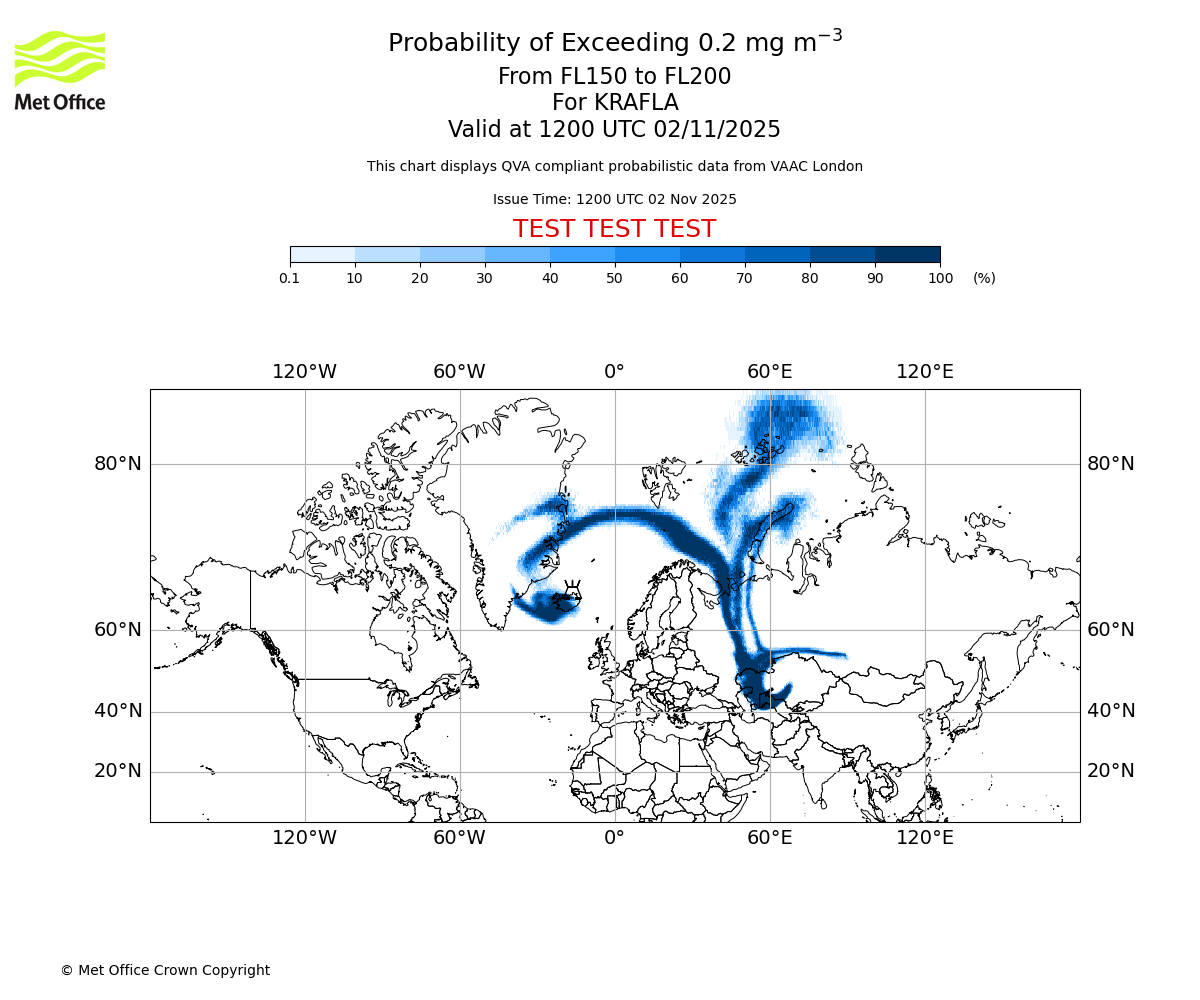 Probability of exceeding 0.2 milligrams per metre cubed. From 150 to 200 for KRAFLA. Valid at 1200 UTC 02/11/2025